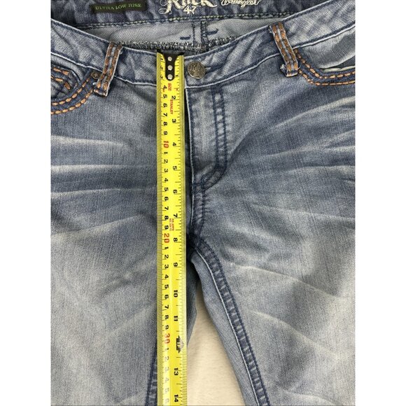 Wrangler Rock 47 Ultra Low Rise Jeans Women’s 11 X 34 Thick Stitch Flare Flap - Picture 7 of 10